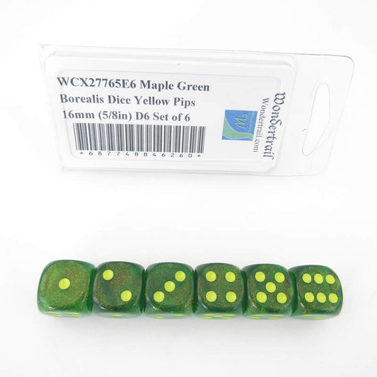WCX27765E6 Maple Green Borealis Dice Yellow Pips 16mm (5/8in) D6 Set of 6 Main Image