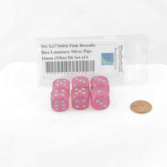 WCX27784E6 Pink Borealis Dice Luminary Silver Pips 16mm (5/8in) D6 Set of 6 Main Image