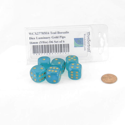 WCX27785E6 Teal Borealis Dice Luminary Gold Pips 16mm (5/8in) D6 Set of 6 Main Image