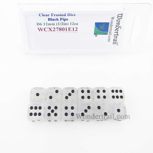 WCX27801E12 Clear Frosted Dice with Black Pips 12mm (1/2in) D6 Set of 12 Main Image