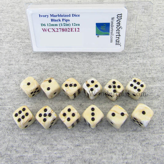 WCX27802E12 Ivory Marbleized Dice with Black Pips 12mm D6 Set of 12 Main Image