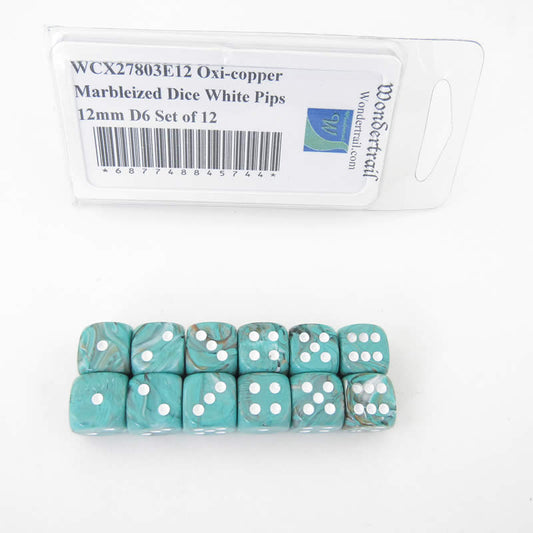 WCX27803E12 Oxi-copper Marbleized Dice White Pips 12mm D6 Set of 12 Main Image