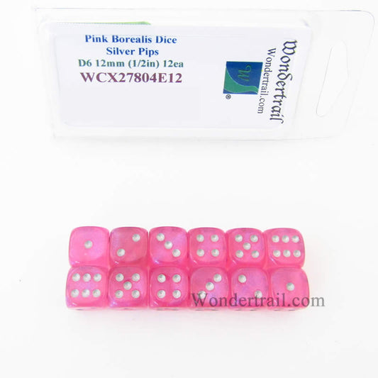 WCX27804E12 Pink Borealis Dice with Silver Pips 12mm (1/2in) D6 Set of 12 Main Image