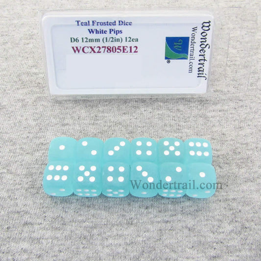 WCX27805E12 Teal Frosted Dice with White Pips 12mm (1/2in) D6 Set of 12 Main Image