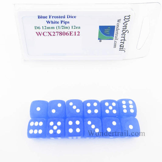 WCX27806E12 Blue Frosted Dice with White Pips 12mm (1/2in) D6 Set of 12 Main Image