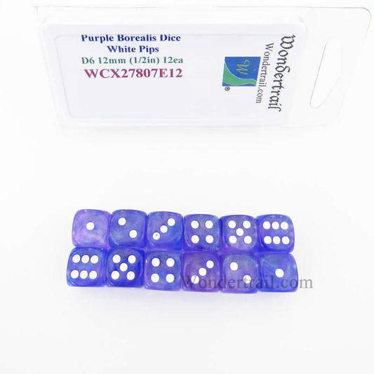 WCX27807E12 Purple Borealis Dice White Pips 12mm (1/2in) D6 Set of 12 Main Image