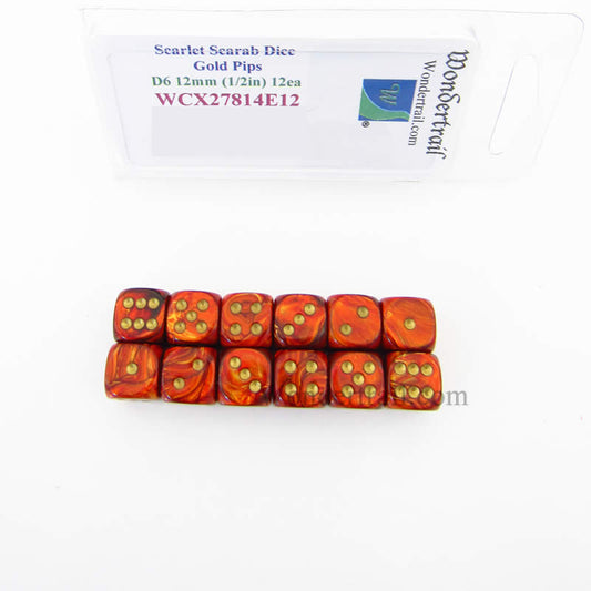 WCX27814E12 Scarlet Scarab Dice Gold Pips 12mm (1/2in) D6 Set of 12 Main Image
