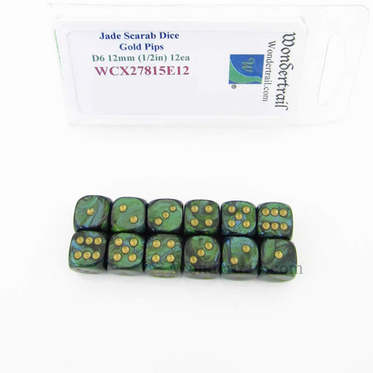 WCX27815E12 Jade Scarab Dice with Gold Pips 12mm (1/2in) D6 Set of 12 Main Image