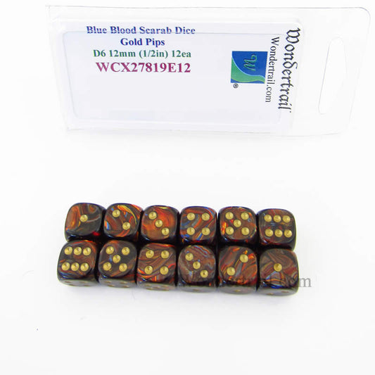 WCX27819E12 Blue Blood Scarab Dice with Gold Pips 12mm D6 Pack of 12 Main Image