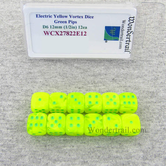 WCX27822E12 Electric Yellow Vortex Dice Green Pips 12mm D6 Pack of 12 Main Image