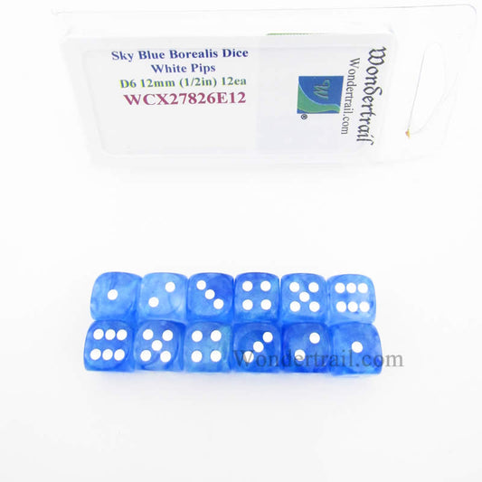 WCX27826E12 Sky Blue Borealis Dice White Pips 12mm (1/2in) D6 Pack of 12 Main Image