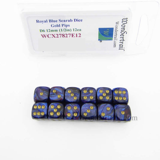 WCX27827E12 Royal Blue Scarab Dice Gold Pips 12mm D6 Pack of 12 Main Image