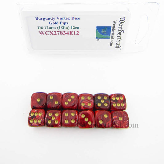 WCX27834E12 Burgundy Vortex Dice Gold Pips 12mm (1/2in) D6 Pack of 12 Main Image