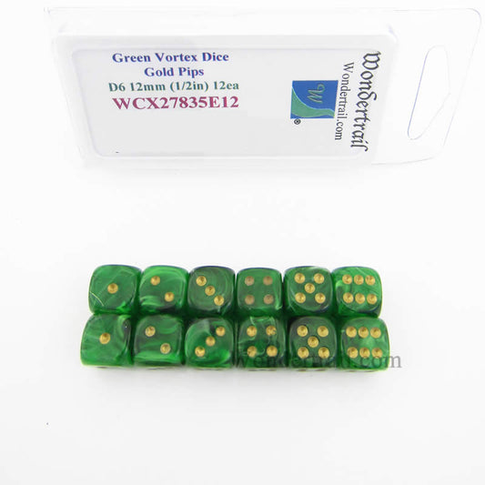 WCX27835E12 Green Vortex Dice Gold Pips 12mm (1/2in) D6 Pack of 12 Main Image