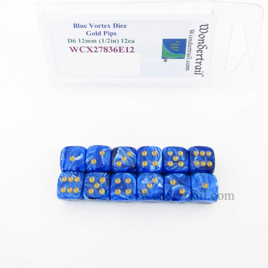 WCX27836E12 Blue Vortex Dice with Gold Pips 12mm (1/2in) D6 Pack of 12 Main Image