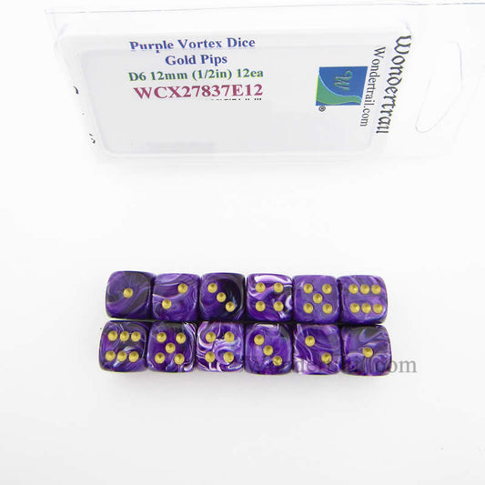 WCX27837E12 Purple Vortex Dice with Gold Pips 12mm (1/2in) D6 Pack of 12 Main Image