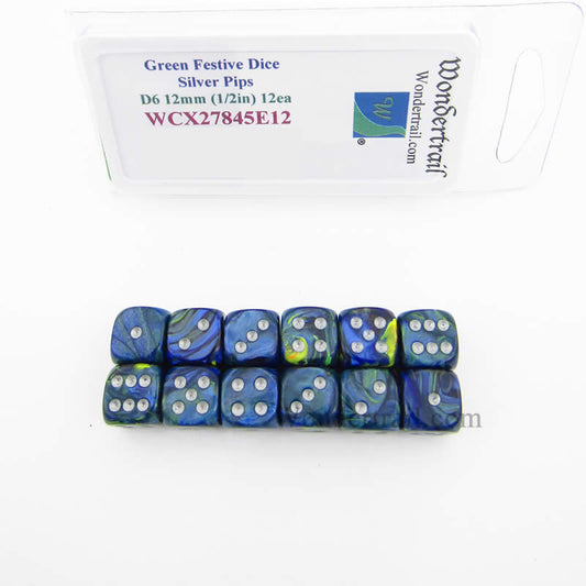 WCX27845E12 Green Festive Dice Silver Pips 12mm (1/2in) D6 Pack of 12 Main Image