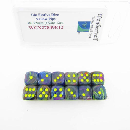 WCX27849E12 Rio Festive Dice with Yellow Pips 12mm (1/2in) D6 Pack of 12 Main Image