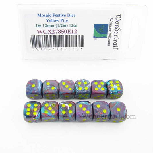 WCX27850E12 Mosaic Festive Dice Yellow Pips 12mm (1/2in) D6 Set of 12 Main Image