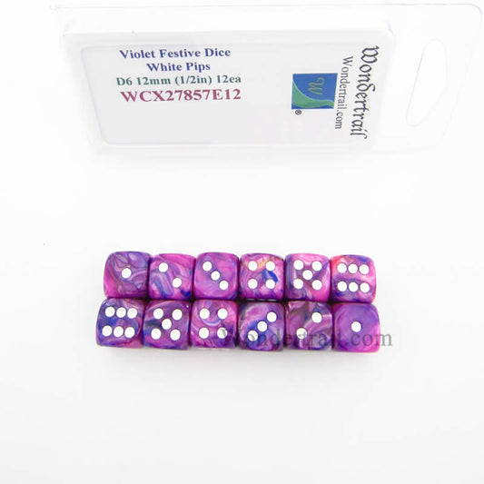 WCX27857E12 Violet Festive Dice with White Pips 12mm (1/2in) D6 Set of 12 Main Image