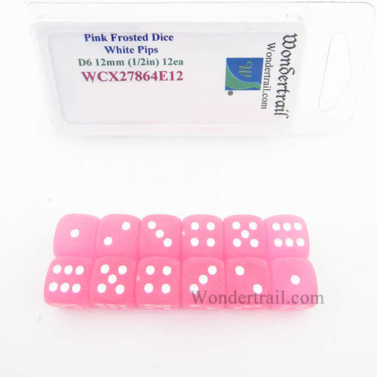 WCX27864E12 Pink Frosted Dice with White Pips 12mm (1/2in) D6 Set of 12 Main Image