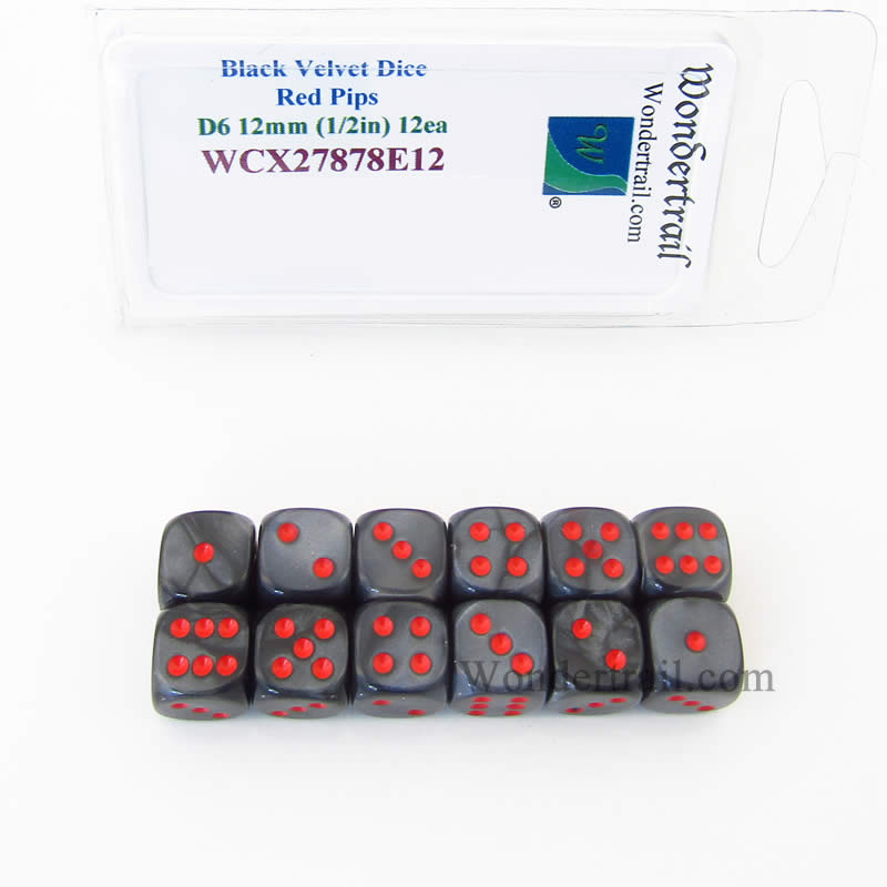 WCX27878E12 Black Velvet Dice with Red Pips 12mm (1/2in) D6 Set of 12 Main Image