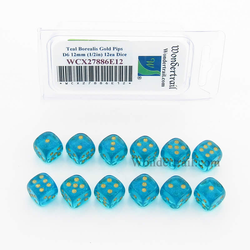 WCX27886E12 Teal Borealis Dice Gold Pips 12mm (1/2in) D6 Pack of 12 Main Image