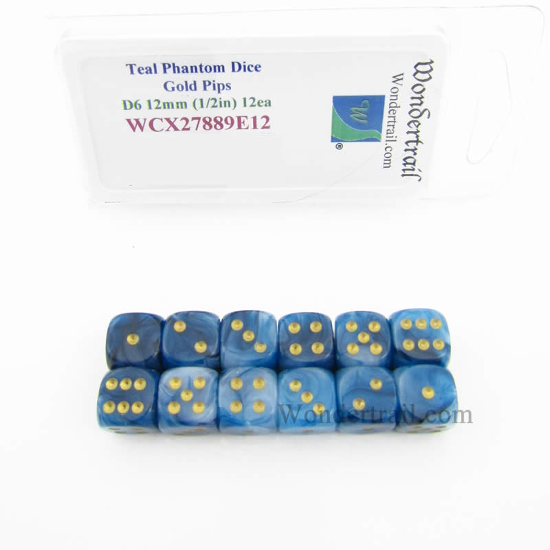 WCX27889E12 Teal Phantom Dice Gold Pips 12mm (1/2in) D6 Pack of 12 Main Image