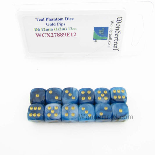 WCX27889E12 Teal Phantom Dice Gold Pips 12mm (1/2in) D6 Pack of 12 Main Image
