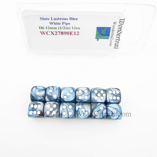 WCX27890E12 Slate Lustrous Dice White Pips 12mm (1/2in) D6 Pack of 12 Main Image