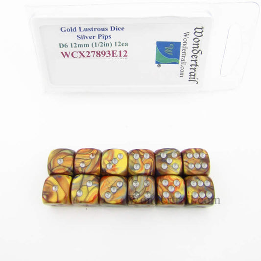 WCX27893E12 Gold Lustrous Dice Silver Pips 12mm (1/2in) D6 Pack of 12 Main Image
