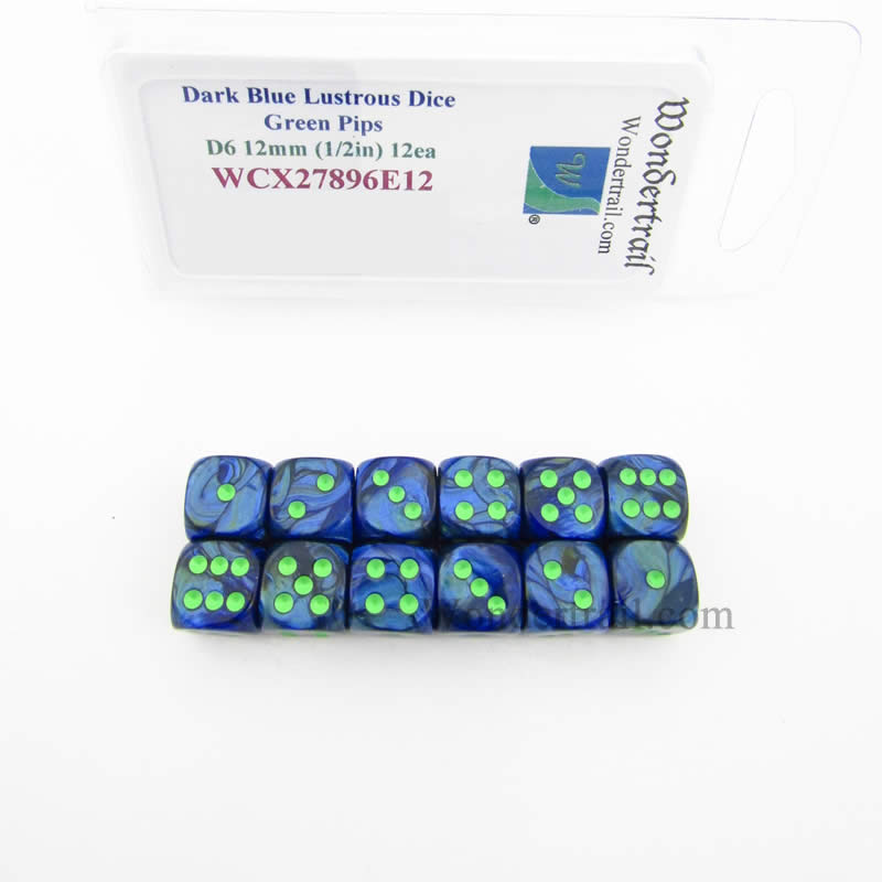 WCX27896E12 Dark Blue Lustrous Dice Green Pips 12mm D6 Pack of 12 Main Image