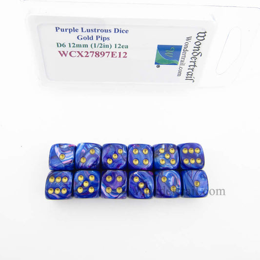 WCX27897E12 Purple Lustrous Dice Gold Pips 12mm (1/2in) D6 Pack of 12 Main Image