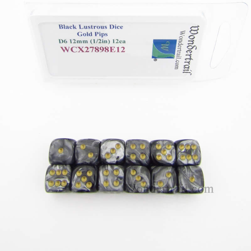 WCX27898E12 Black Lustrous Dice Gold Pips 12mm (1/2in) D6 Pack of 12 Main Image