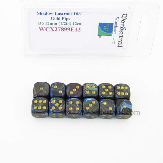 WCX27899E12 Shadow Lustrous Dice Gold Pips 12mm (1/2in) D6 Set of 12 Main Image