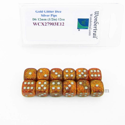 WCX27903E12 Gold Glitter Dice with Silver Pips 12mm (1/2in) D6 Set of 12 Main Image
