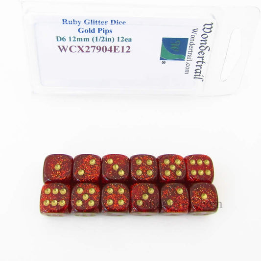 WCX27904E12 Ruby Glitter Dice with Gold Pips 12mm (1/2in) D6 Set of 12 Main Image