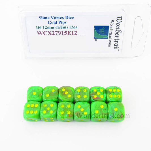 WCX27915E12 Slime Vortex Dice with Gold Pips 12mm (1/2in) D6 Set of 12 Main Image