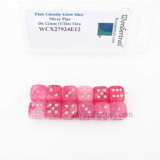 WCX27924E12 Pink Ghostly Glow Dice Silver Pips 12mm (1/2in) D6 Set of 12 Main Image