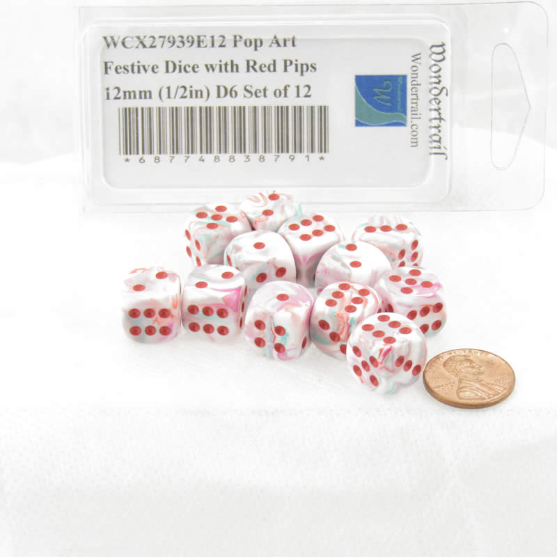 WCX27939E12 Pop Art Festive Dice with Red Pips 12mm (1/2in) D6 Set of 12 2nd Image