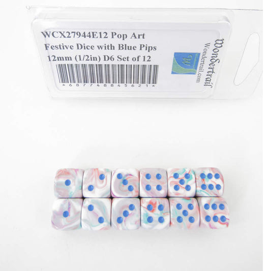 WCX27944E12 Pop Art Festive Dice with Blue Pips 12mm (1/2in) D6 Set of 12 Main Image