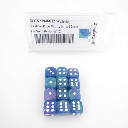 WCX27946E12 Waterlily Festive Dice White Pips 12mm (1/2in) D6 Set of 12 Main Image