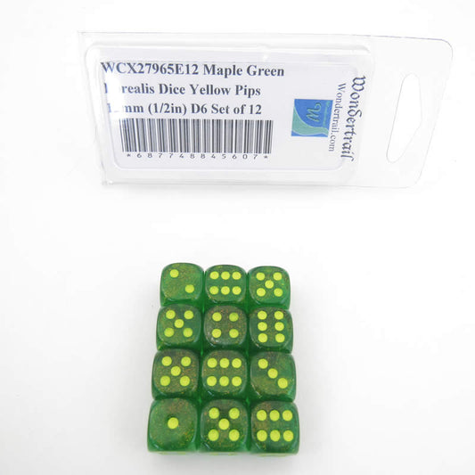 WCX27965E12 Maple Green Borealis Dice Yellow Pips 12mm (1/2in) D6 Set of 12 Main Image