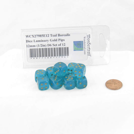 WCX27985E12 Teal Borealis Dice Luminary Gold Pips 12mm (1/2in) D6 Set of 12 Main Image