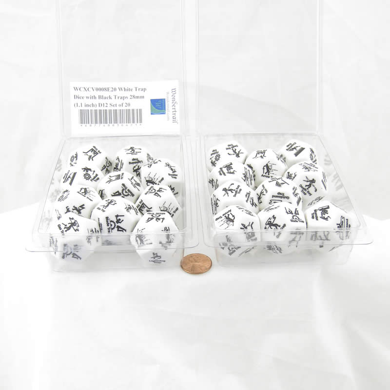 WCXCV0008E20 White Trap Dice with Black Traps 28mm (1.1 inch) D12 Set of 20 2nd Image