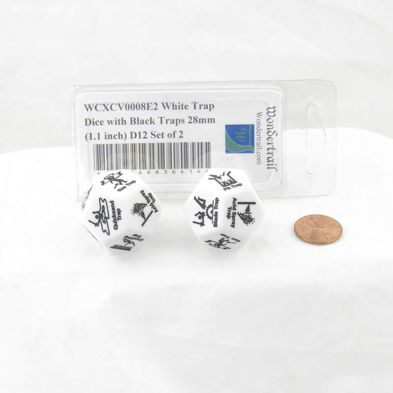 WCXCV0008E2 White Trap Dice with Black Traps 28mm (1.1 inch) D12 Set of 2 2nd Image