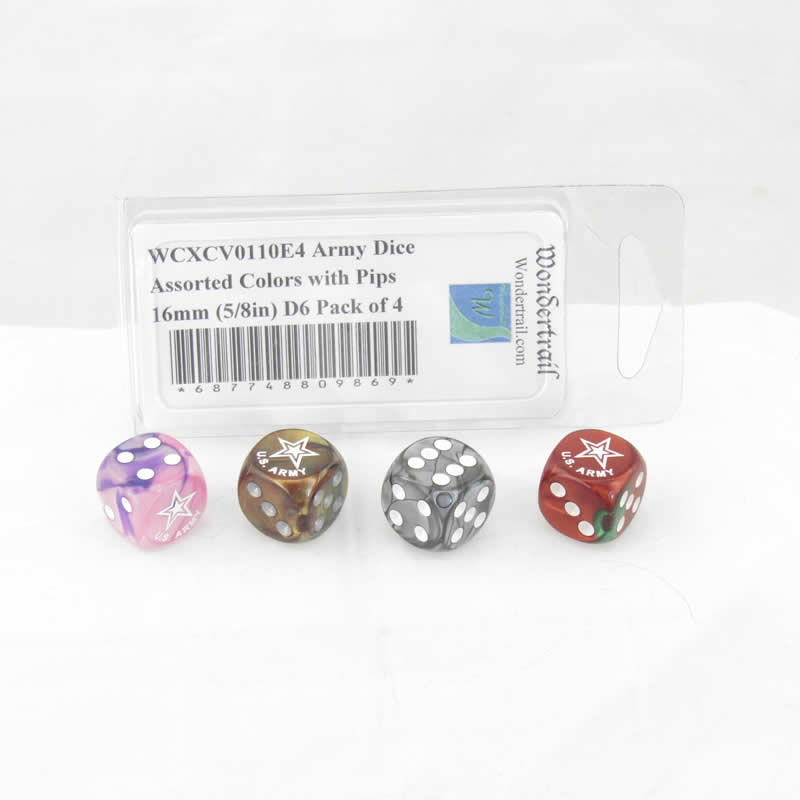WCXCV0110E4 Army Dice Assorted Colors with Pips 16mm (5/8in) D6 Pack of 4 Main Image