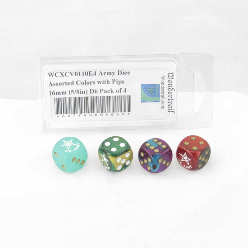 WCXCV0110E4 Army Dice Assorted Colors with Pips 16mm (5/8in) D6 Pack of 4 2nd Image