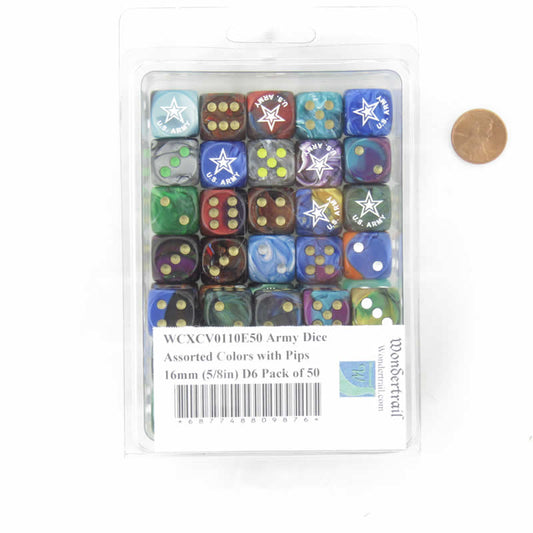 WCXCV0110E50 Army Dice Assorted Colors with Pips 16mm (5/8in) D6 Pack of 50 Main Image