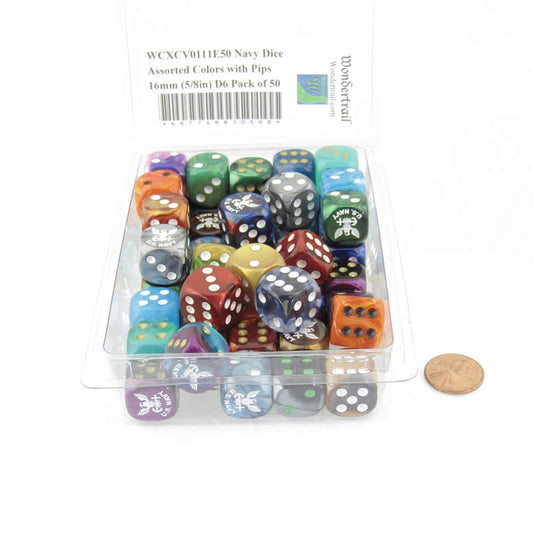 WCXCV0111E50 Navy Dice Assorted Colors with Pips 16mm (5/8in) D6 Pack of 50 Main Image